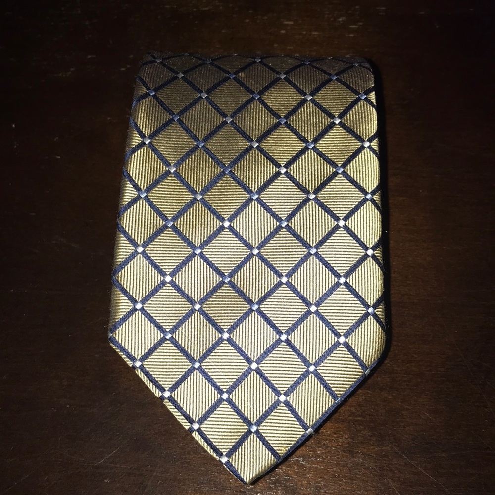 Nautica Men’s Silk Geometric Gold and Navy Square Pattern Tie with White Dots